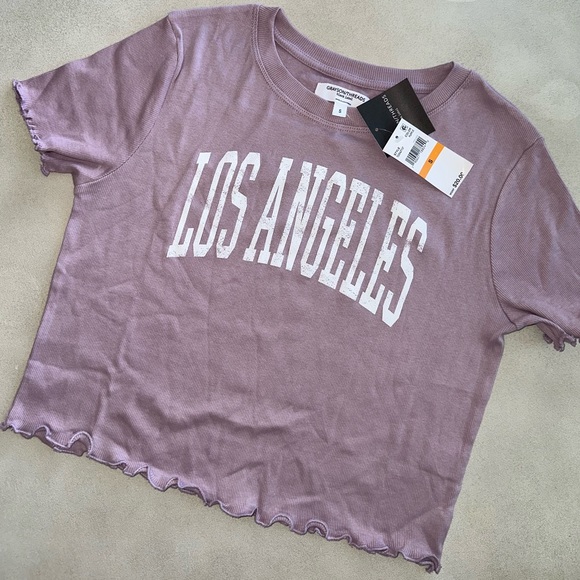 GRAYSON THREADS Juniors' Los Angeles Lettuce-Edge Cropped Top in Purple - Picture 1 of 5